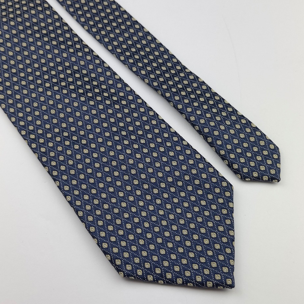 Club Room Mens Silk Necktie Navy‎ Blue Gold Geometric Woven Diamond Classic Tie